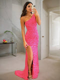 Sheath/Column One-Shoulder Sparkly Sleeveless Sweep Train Velvet Sequins Dress With Slit