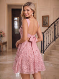 Wide Strap Sweetheart Allover Floral Lace Open Back Bow Tie A-Line Mini Dress