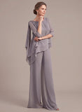 2-Piece Boat Neck 3/4 Sleeve Beaded Shoulder Asymmetric Tiered Chiffon Pantsuit