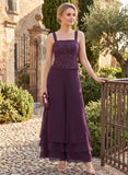3-Piece Square Neck Beaded Floral Camisole Top, Long Sleeve Chiffon Jacket & Tiered Wide-Leg Pants Mother of the Bride Pantsuit