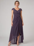 V-Neck Cap Sleeve Sequin Lace Applique Ruched Hi-Low Chiffon Mother of the Bride Dress