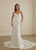 Sheath Strapless Court Train Satin Tulle Wedding Dress With Lace