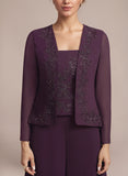 3-Piece Square Neck Beaded Floral Camisole Top, Long Sleeve Chiffon Jacket & Tiered Wide-Leg Pants Mother of the Bride Pantsuit