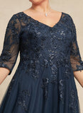 Plus Size A-line V-Neck Floor-Length Tulle Lace Mother of the Bride Dress With Sequins