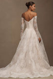 Lace Off-The-Shoulder Long-Sleeve Ball-Skirt Wedding Gown