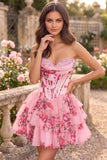 Strapless Sweetheart Floral Corset Homecoming Dress with Tiered Ruffle Dress