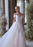 3D Floral Appliqués A-line Off-the-Shoulder Sleeves with Detachable Sleeves Illusion Neckline Wedding Dress
