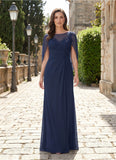 Bateau Neck Lace Applique Cape Sleeve Ruched Chiffon Mother of the Bride Dress