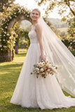 Strapless Floral Embroidered Tulle Pockets A-Line Wedding Dress with Train