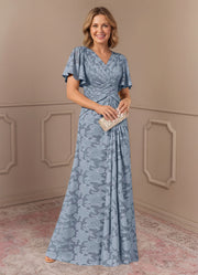 V-Neck Flutter Sleeve Floral Jacquard A-Line Mother of the Bride Dress