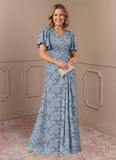 V-Neck Flutter Sleeve Floral Jacquard A-Line Mother of the Bride Dress