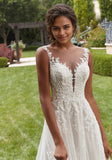 Elegant A-line Illusion Lace Wedding Gown with Beaded Botanical Embroidered Appliqués