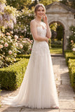 Spaghetti Strap Sweetheart 3D Floral & Vine Applique Tulle Wedding Dress with Train