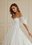 Ball-Gown/Princess Off the Shoulder Sweep Train Satin Wedding Dress With Ruffle