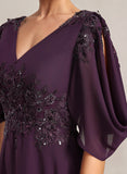 V-Neck Flutter Sleeve Sequin Floral Applique Empire Waist A-Line Chiffon Mother of the Bride Dress