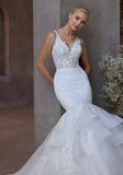 Mermaid Lace Corset V Neck Tiered Organza Wedding Dress