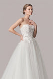 Strapless Floral Applique Tulle Wedding Dress with Chapel Train