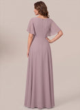 Bateau Neck Flutter Sleeve Floral Embroidered Chiffon A-Line Mother of the Bride Dress