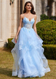 Ball Gown V Neck Sweep Train Tulle Prom Dress with Appliqued Beading Ruffles