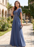 V-Neck Flutter Sleeve Sequin Floral Embroidered Chiffon A-Line Mother of the Bride Dress