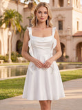 Square Neck Cowl Bust Ruffle Shoulder Strap A-Line Satin Mini Dress