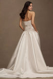 Strapless Drop-Waist Draped Ball-Skirt Wedding Gown