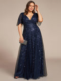 V Neck Ruffle Sleeves Sequin Maxi Long Evening Dress