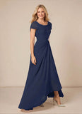 Scoop Neck Cowl Cape Sleeve Beaded Brooch Cascade Ruffle Mother of the Bride Dress with Side Slit