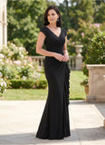 V-Neck Cap Sleeve Ruched Jersey Mother of the Bride Dress with Cascade Ruffle & Side Slit