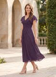 V-Neck Flutter Sleeve Ruched Waist Chiffon Tea Length Mother of the Bride Dress