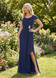 Scoop Neck Cowl Cape Sleeve Beaded Brooch Cascade Ruffle Mother of the Bride Dress with Side Slit