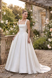 Square Neck Wide Strap Boned Corset Pockets A-Line Satin Wedding Dress with Train
