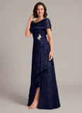 Cowl Neck Cap Sleeve Floral Jacquard A-Line Mother of the Bride Dress with Brooch & Side Slit