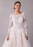 Illusion Boat neck long sleeves Wedding Gown with Back Bow