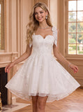 Sweetheart Bow Tie Straps Sequin Floral Embroidered Tulle A-Line Mini Dress