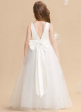 Ball-Gown/Princess V-Neck Floor-Length Tulle/Satin Flower Girl Dress With Bow