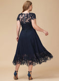 Plus Size A-line Scoop Illusion Tea-Length Lace Chiffon Mother of the Bride Dress With Sequins