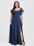 Plus Size A-line V-Neck Floor-Length Chiffon Bridesmaid Dress With Ruffle