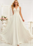 A-line V-Neck Sweep Train Lace Chiffon Wedding Dress