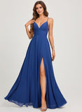 A-line V-Neck Floor-Length Chiffon Prom Dresses With Pleated