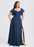 Plus Size A-line V-Neck Floor-Length Chiffon Bridesmaid Dress With Ruffle