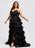 Plus Size Ball-Gown/Princess V-Neck Sweep Train Lace Prom Dresses With Sequins