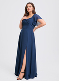 Plus Size A-line V-Neck Floor-Length Chiffon Bridesmaid Dress With Ruffle