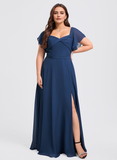 Plus Size A-line V-Neck Floor-Length Chiffon Bridesmaid Dress With Ruffle