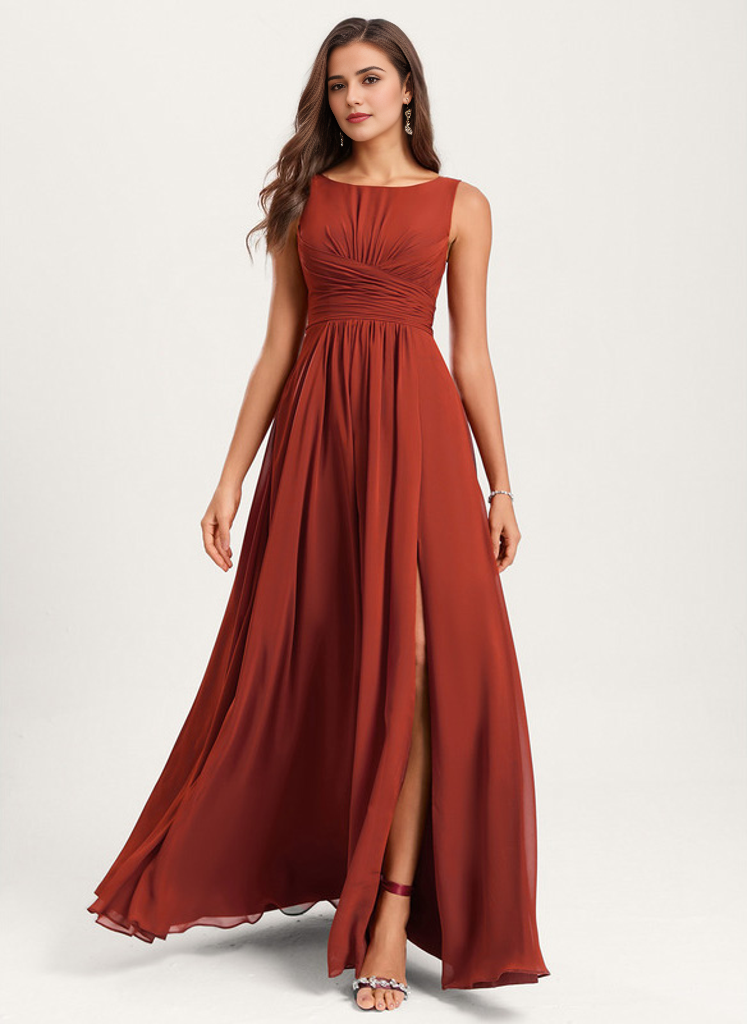 A-line Boat Neck Floor-Length Chiffon Bridesmaid Dress With Ruffle RoseProm A-line Boat Neck Floor-Length Chiffon Bridesmaid Dress With Ruffle RoseProm