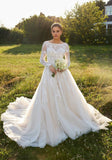 Illusion Boat neck long sleeves Wedding Gown with Back Bow