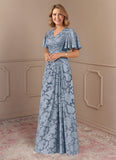 V-Neck Flutter Sleeve Floral Jacquard A-Line Mother of the Bride Dress