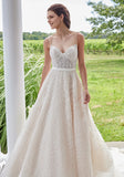Lace Sweetheart Spaghetti Straps Wedding Gown with Scalloped Hem and Satin Back Bow
