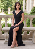V-Neck Cap Sleeve Ruched Jersey Mother of the Bride Dress with Cascade Ruffle & Side Slit