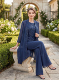 3-Piece Jewel Neck Allover Sequin Lace Top, 3/4 Sleeve Sequin Trim Chiffon Mother of the Bride Pantsuit